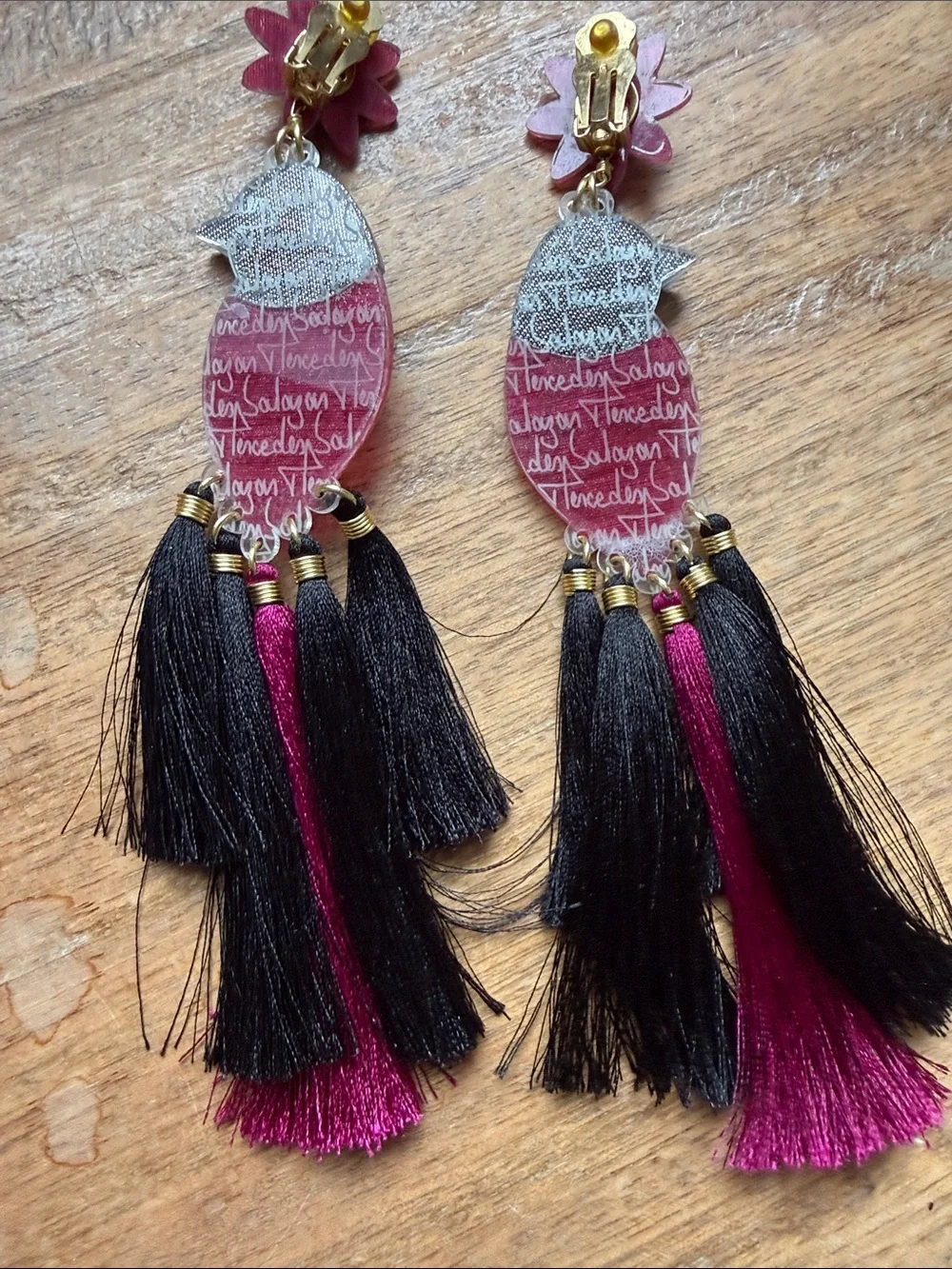 Mercedes Salazar Magenta and Black Bird Tassel Earrings with Gem Accents